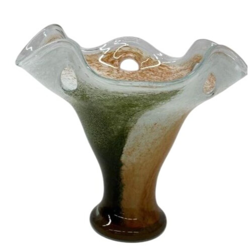 Handblown Glass Art Vase With Wavy Rim & Earth Tone‎ Swirl Design